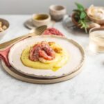 Crema di patate con prosciutto e gamberi